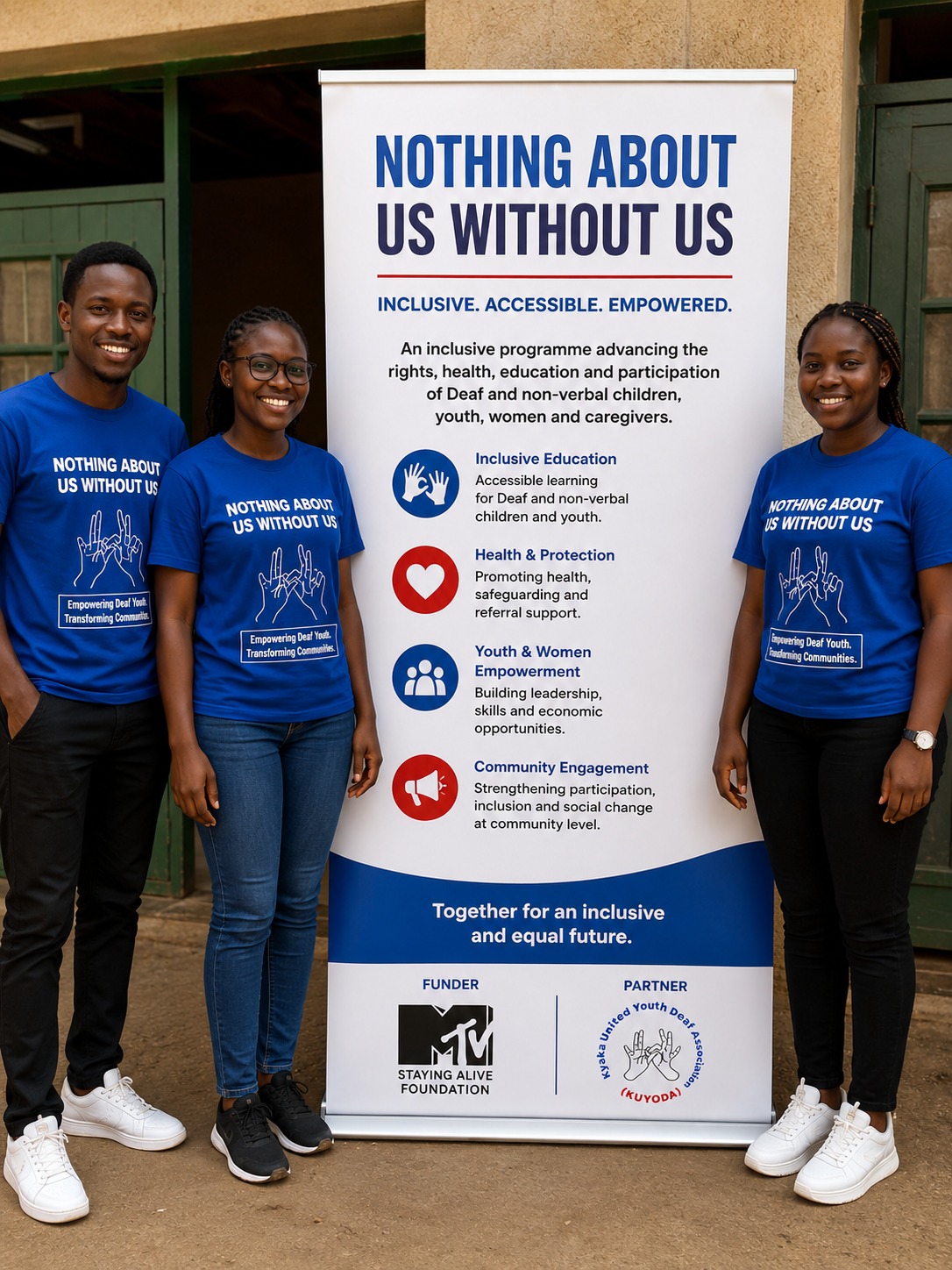KUYODA youth facilitators next to a Nothing About Us Without Us banner